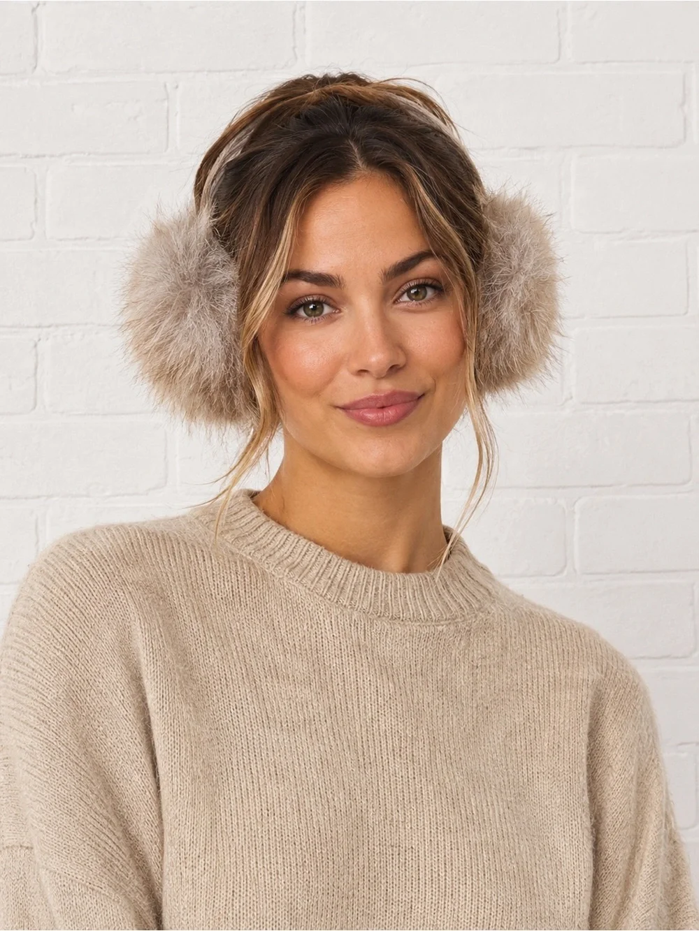 Surell Faux Fur Earmuffs Beige Gold Sequin Knit NWT Winter Ear Warmers